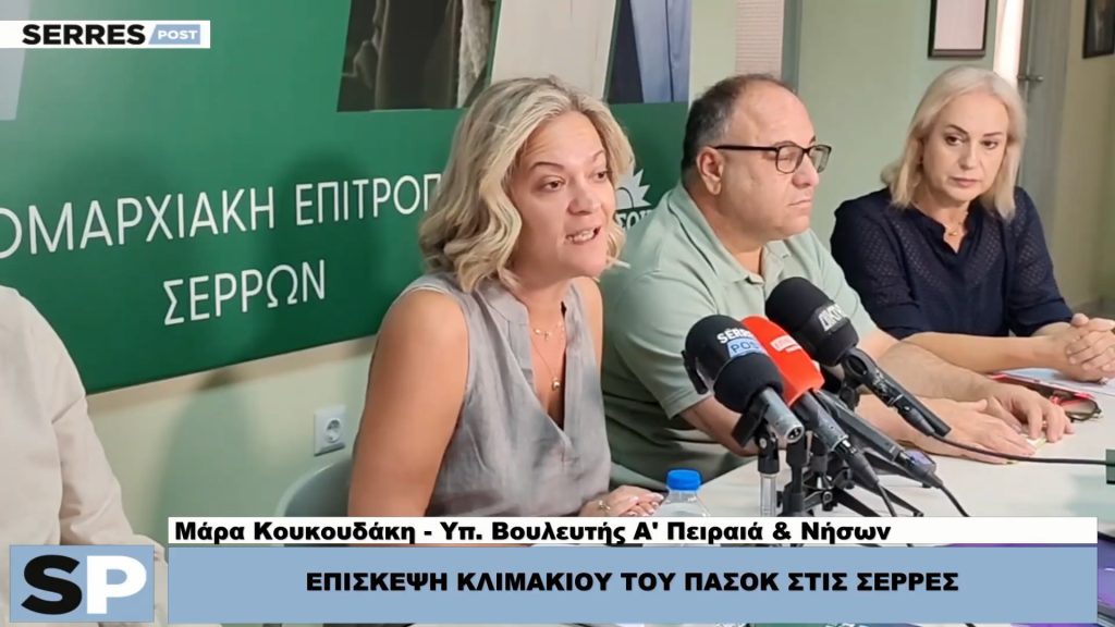 Η Μάρα Κουκουδάκη στο βήμα της συνέντευξης τύπου στις Σέρρες.